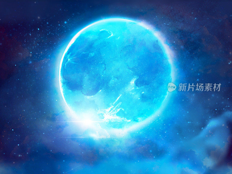 Fantasy background illustration of blue full moon in starry night sky and sea ​​of ​​clouds.
